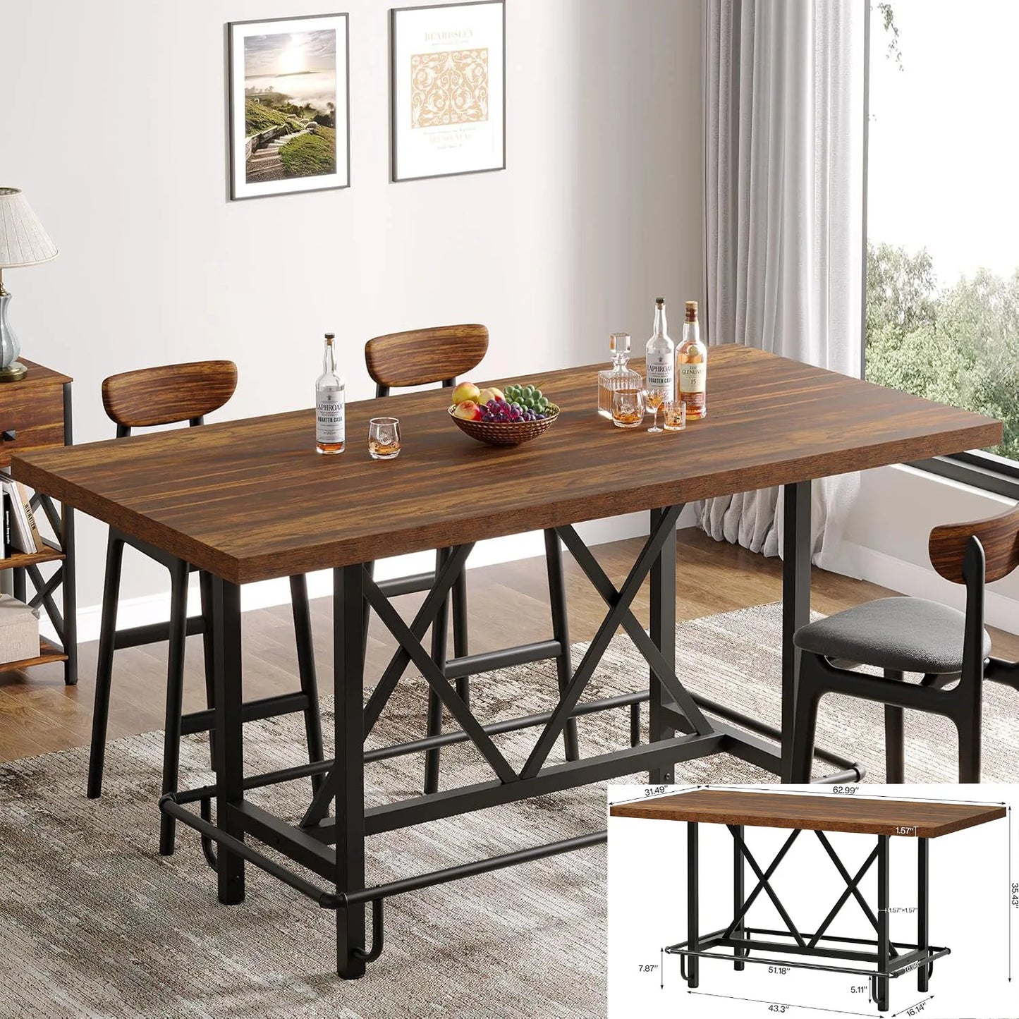63-inch Dining Table for 4-6, Farmhouse Kitchen Table with Large Tabletop, Rectangular Eating Table for Dining Room, Living Room