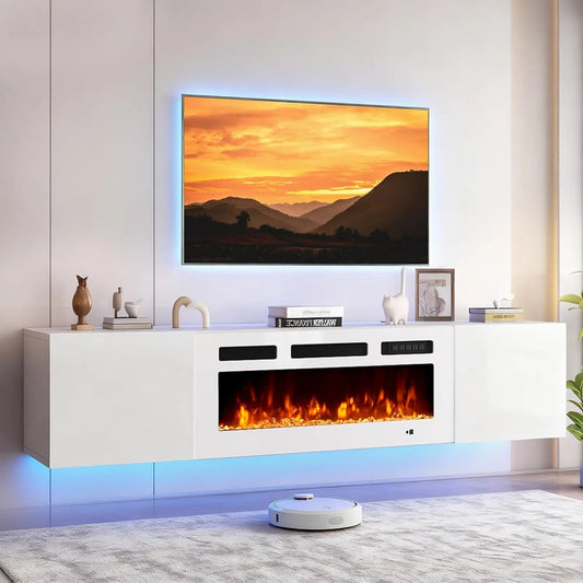 70in Wall Mount Floating TV Stand Console Electric Fireplace 36in 12-Color LED Storage Fit 80in TVs Living Room White Customized
