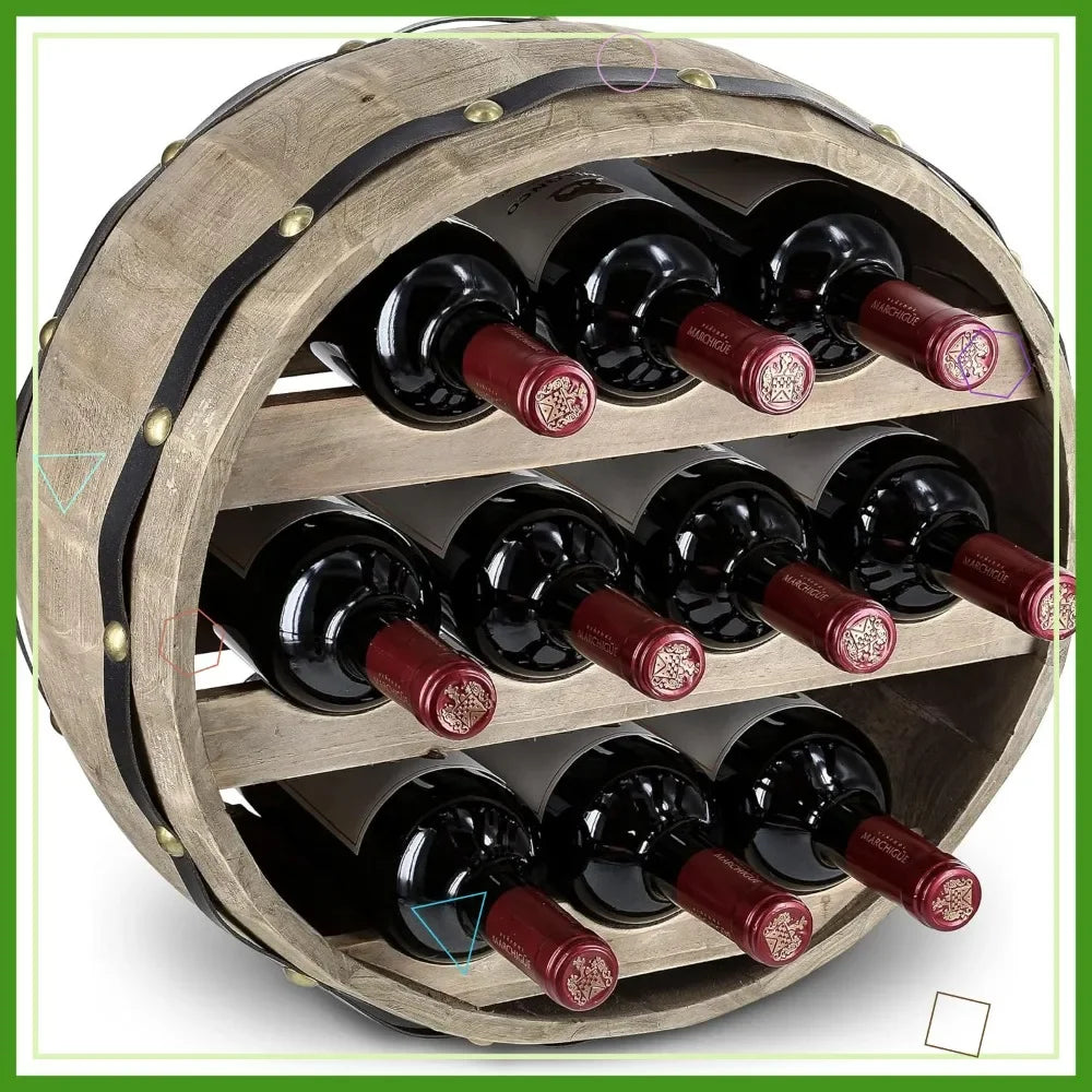 Wall Mounted Barrel Wine Rack for 10 Bottles, Natural Wood Industrial Wine Holder, Rustic Wine Storage Shelf for Kitchen Bar
