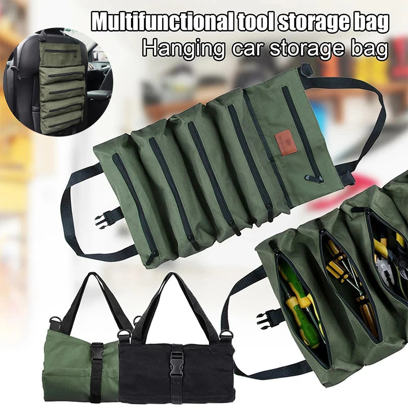 Tool Roll Organizer Heavy-Duty Roll-up Tool Bag Multi-purpose Canvas Tool Pouch Zipper Pockets Portable Storage Wrap Black/Green