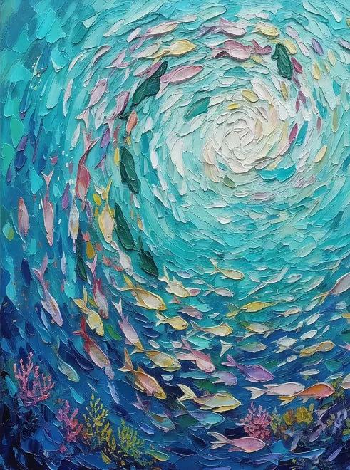 Abstract Large Blue School Of Fish Canvas Painting 3D Texture Underwater World Fish School Art Posters Prints Modern Home Decor