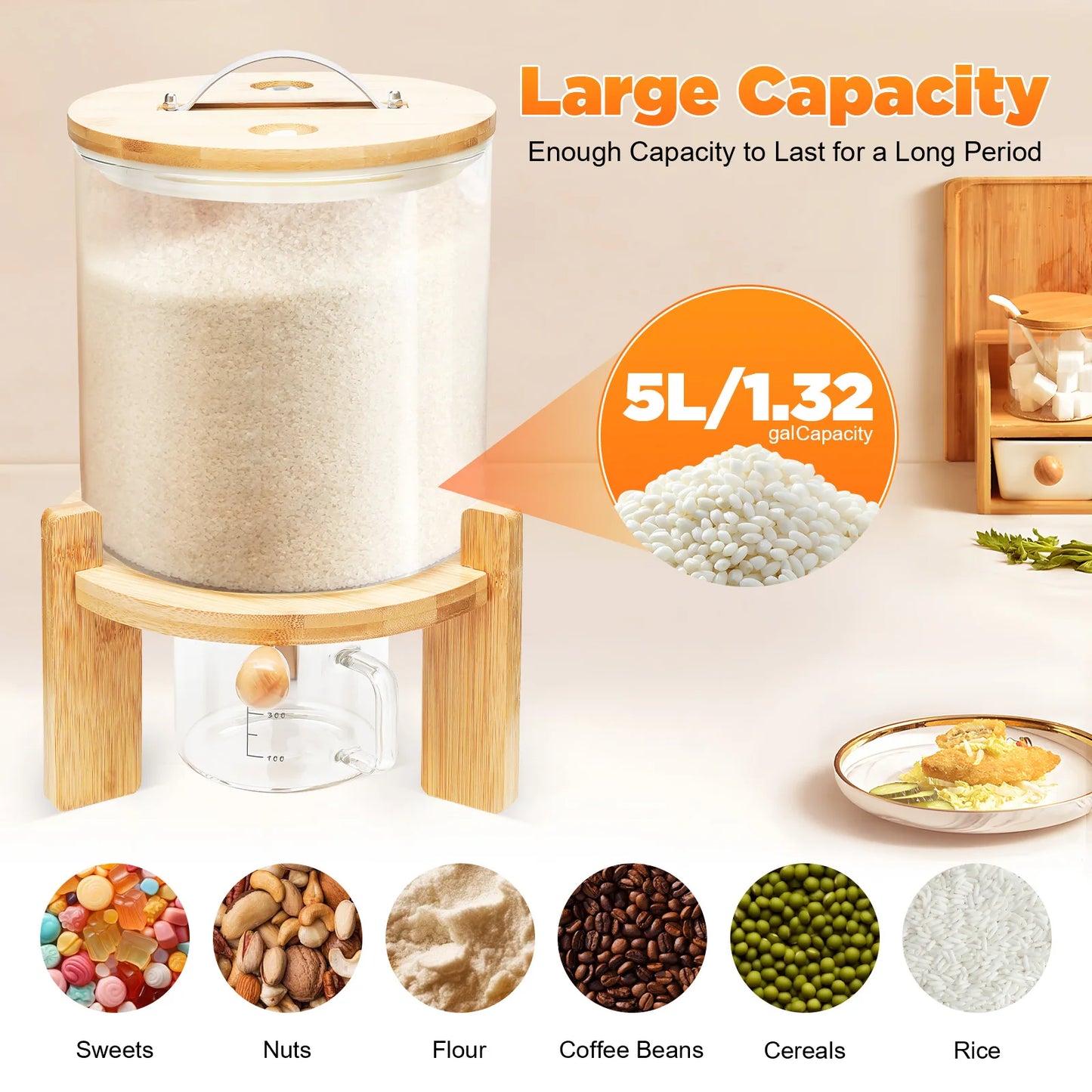 Capacity Airtight Glass Dry Food Storage, Container Cereal Rice Dispenser w/Round Bamboo Lids & Cup & Stand (5 L)