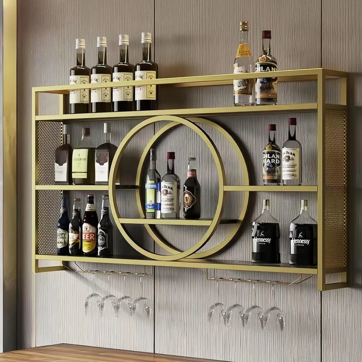 39 Inch Metal Wall Mounted Wine Rack, 3 Tier Bar Shelves with Glass Holder, Large Capacity Modern
