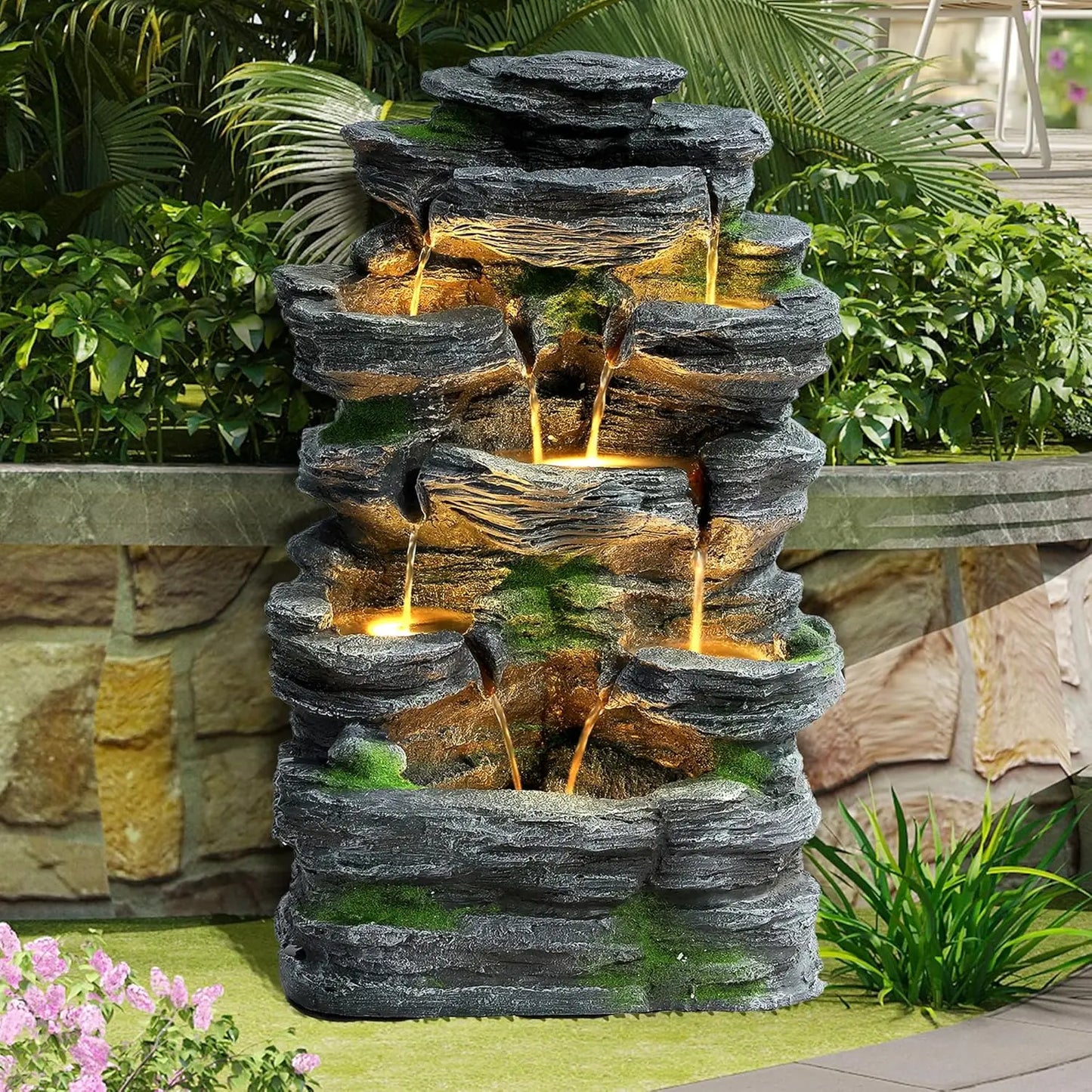 Garden Fountains Outdoor, 7-Tiers Cascading Rock Water Fountain, 24.4" H Waterfall Fountain Indoor with 6 LED Lights, Custom