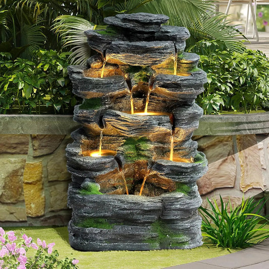Garden Fountains Outdoor, 7-Tiers Cascading Rock Water Fountain, 24.4" H Waterfall Fountain Indoor with 6 LED Lights, Custom