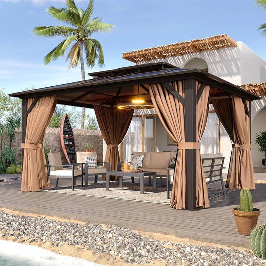 12'x10' Hardtop Gazebo, Aluminum Frame Permanent Pavilion with Curtains and Netting, Outdoor Polycarbonate Double Roof Canopy