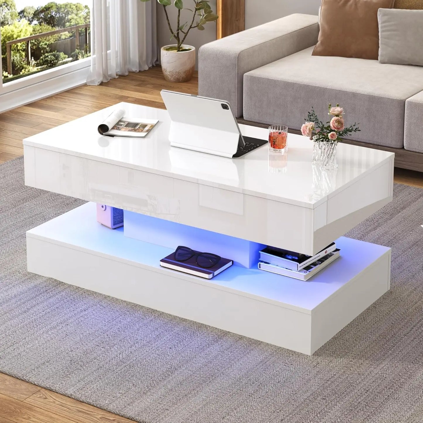 39.4" Large Lift Top Coffee Table,Modern High Glossy LED Coffee Tables for Living Room with Storage,Black Living Room Tables for