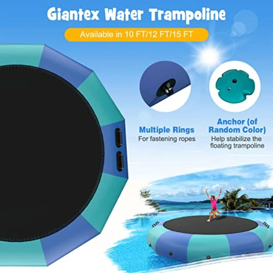 10Ft 12Ft 15Ft Inflatable Water Trampoline Floating Rebounder with 500W Blower and 3-Step Rope Ladder for Pool Lake Adults Recr