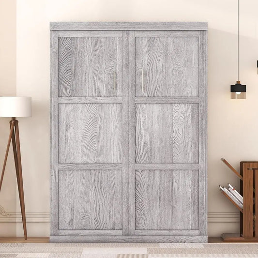 Full-Size Wooden Murphy Bed, Concealable as Cabinet, Gray Finish