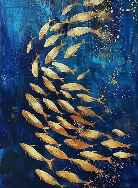 Abstract Large Blue School Of Fish Canvas Painting 3D Texture Underwater World Fish School Art Posters Prints Modern Home Decor