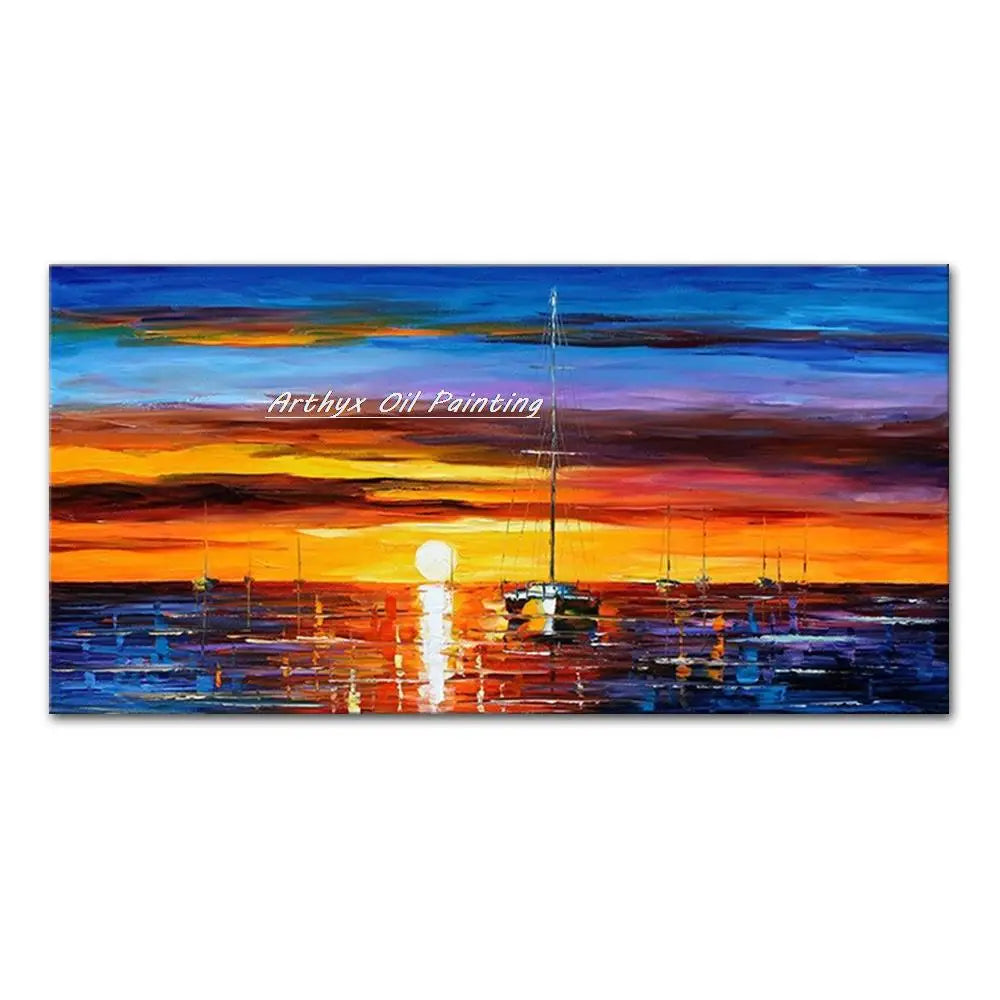 Arthyx,Handpainted Night Knife Oil Painting On Canvas,Wall Art,Modern Abstract Landscape Picture For Living Room Home Decoration