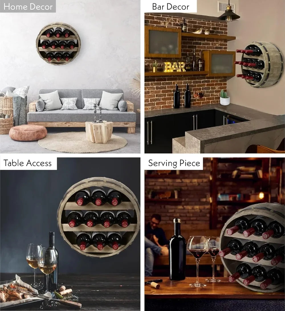 Wall Mounted Barrel Wine Rack for 10 Bottles, Natural Wood Industrial Wine Holder, Rustic Wine Storage Shelf for Kitchen Bar