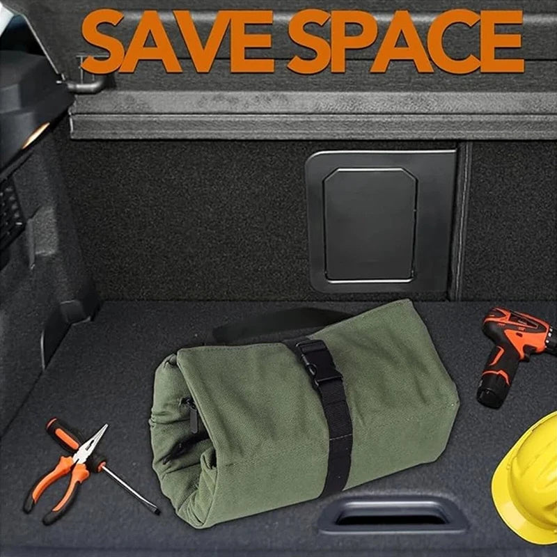 Tool Roll Organizer Heavy-Duty Roll-up Tool Bag Multi-purpose Canvas Tool Pouch Zipper Pockets Portable Storage Wrap Black/Green