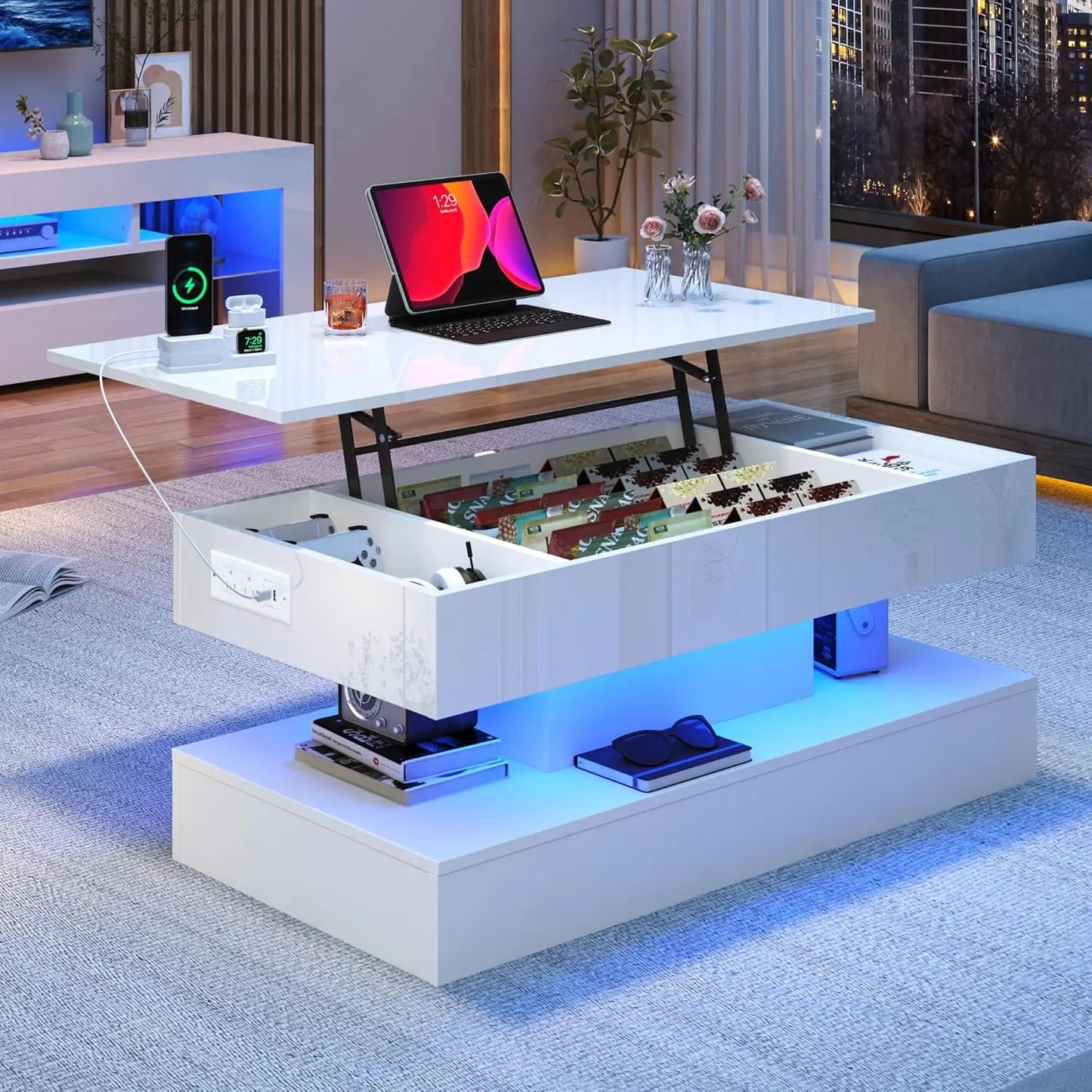 39.4" Large Lift Top Coffee Table,Modern High Glossy LED Coffee Tables for Living Room with Storage,Black Living Room Tables for