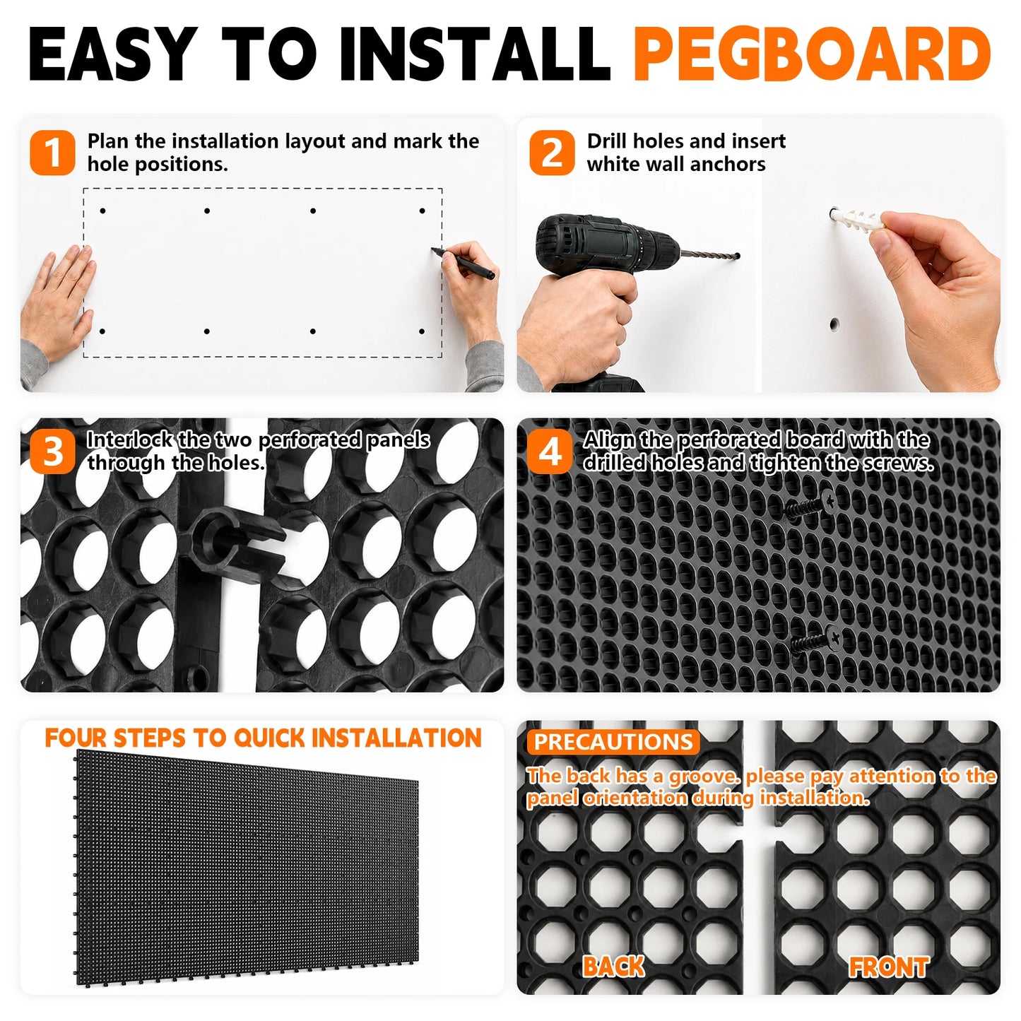 Plastic Pegboard Wall Organizer Kit, 12 Black Panels 121x 61cm,428 Accessories with Hooks, Clips, Modular Tool Storage Board for