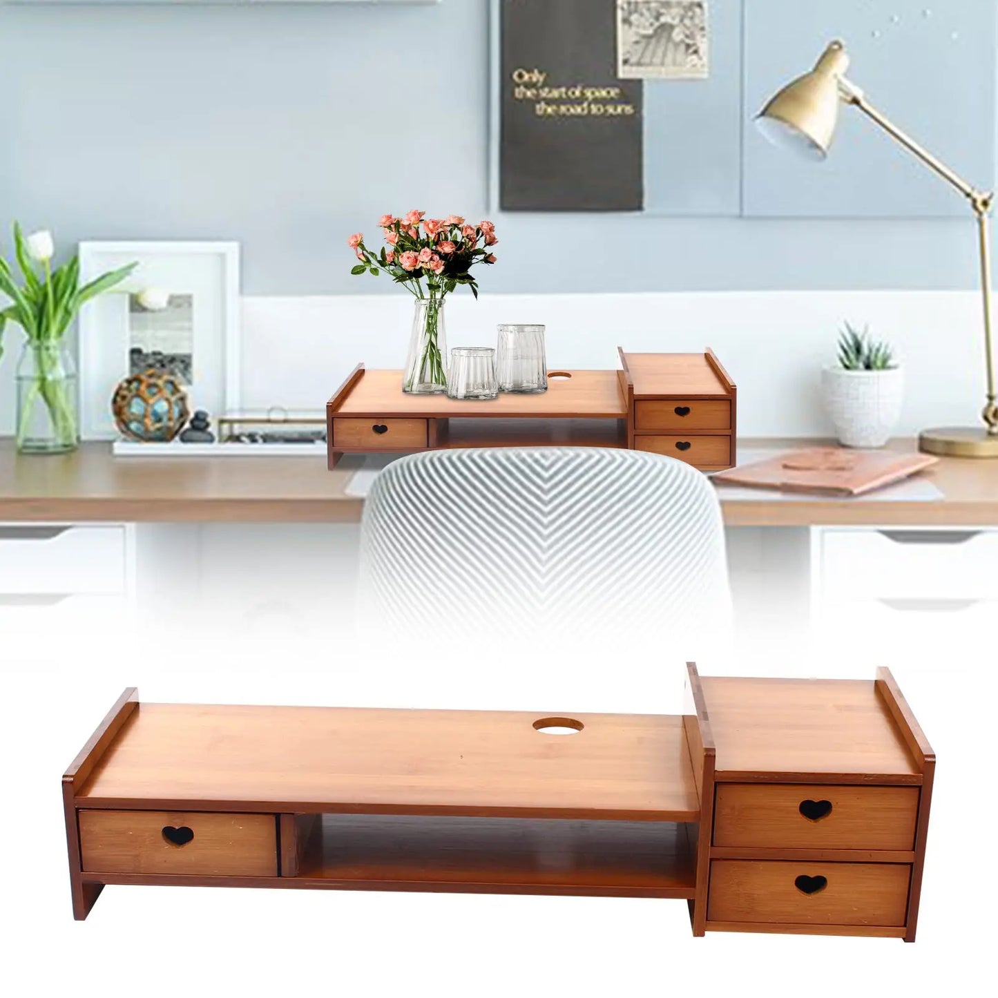 Yiyibyus Monitor Stand Riser 2-Tier Bamboo Wood Computer Monitor Riser Stand Desktop Organizer Stand with Storage Drawer Laptop