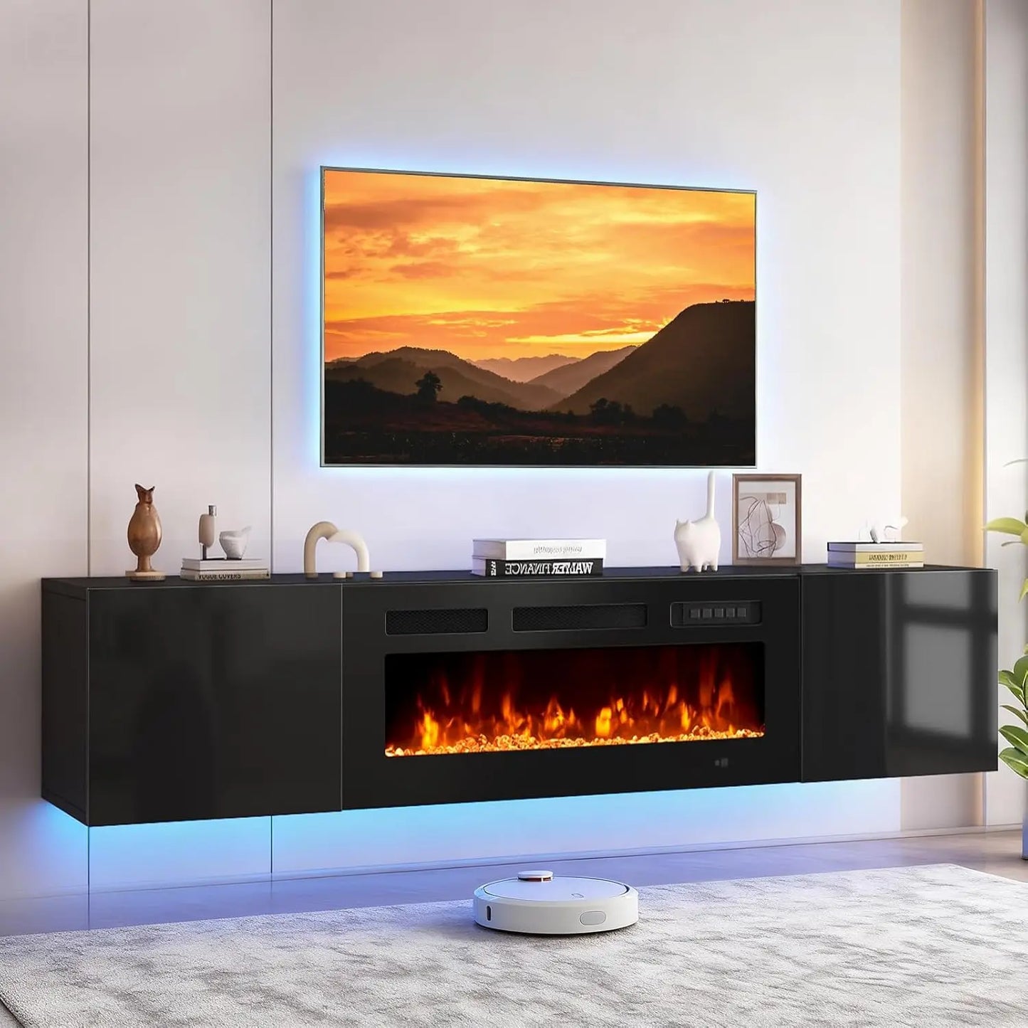 70in Wall Mount Floating TV Stand Console Electric Fireplace 36in 12-Color LED Storage Fit 80in TVs Living Room White Customized