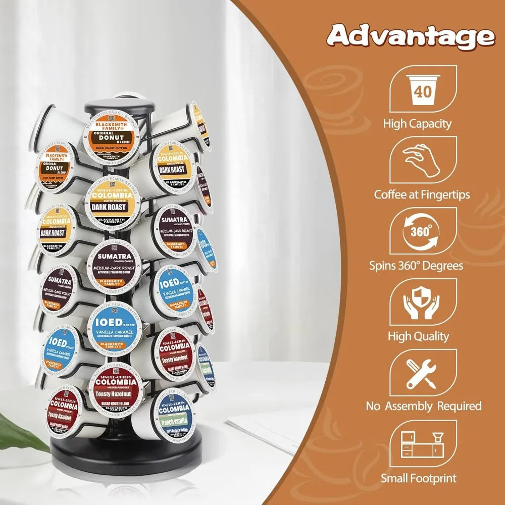 K-cup storage rack, rotating K-cup rack, coffee capsule organizer, no assembly required, black (holds 40 capsules).