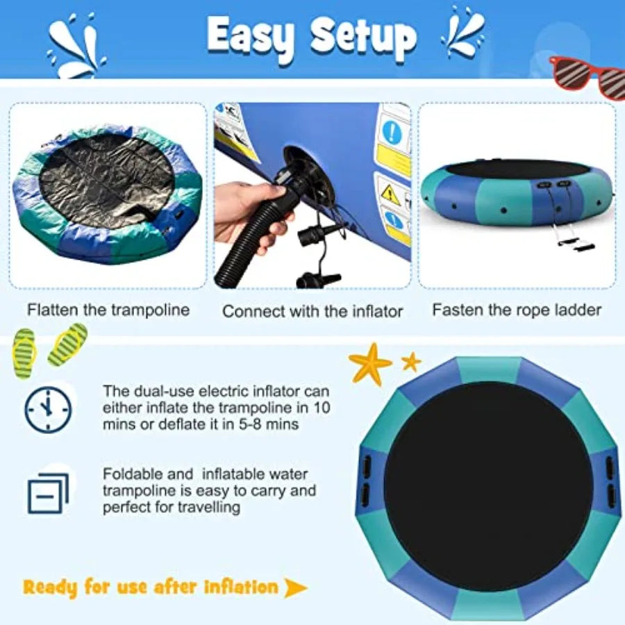 10Ft 12Ft 15Ft Inflatable Water Trampoline Floating Rebounder with 500W Blower and 3-Step Rope Ladder for Pool Lake Adults Recr