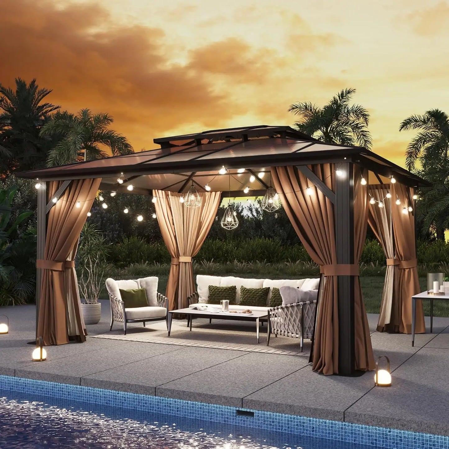 12'x10' Hardtop Gazebo, Aluminum Frame Permanent Pavilion with Curtains and Netting, Outdoor Polycarbonate Double Roof Canopy