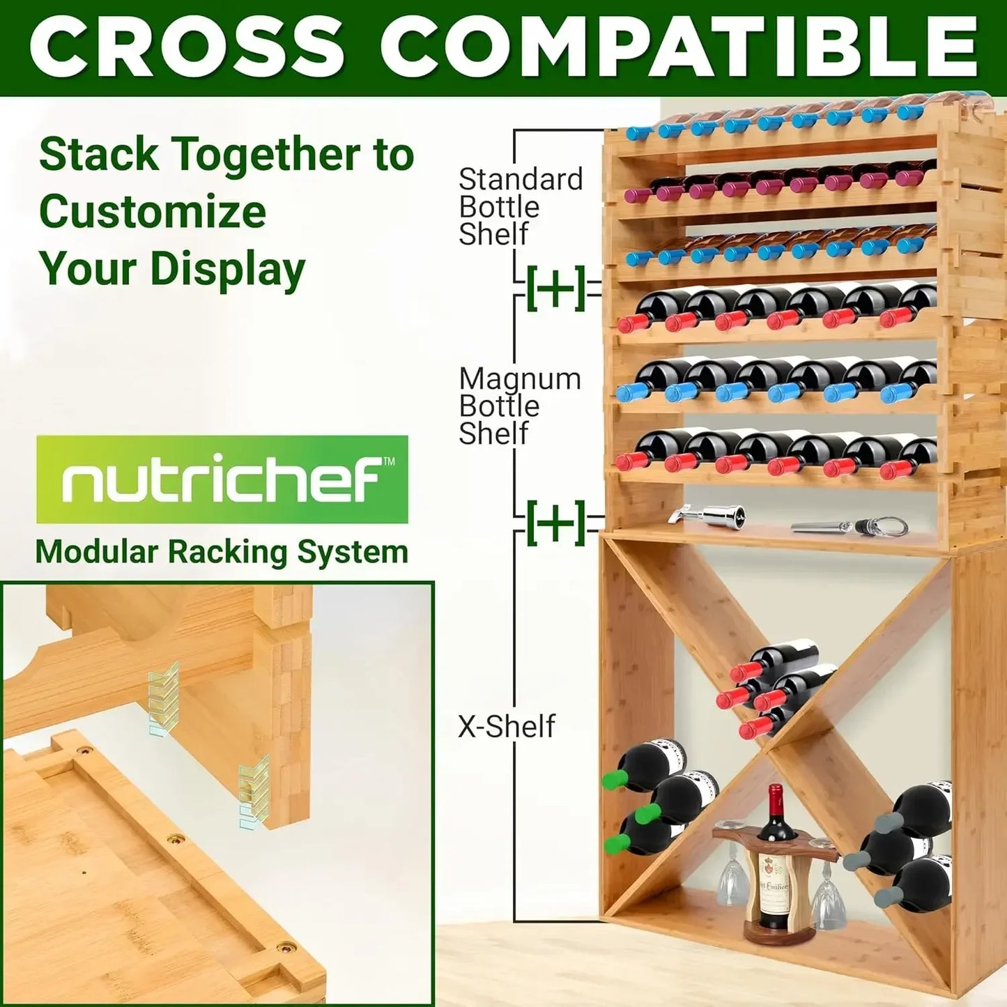 Stackable Wine Rack, 8-Tier 72 Bottle Capacity Wine Racks Free Standing Floor, No Tools Assembly Cellar 33.5" x 10" x 42"