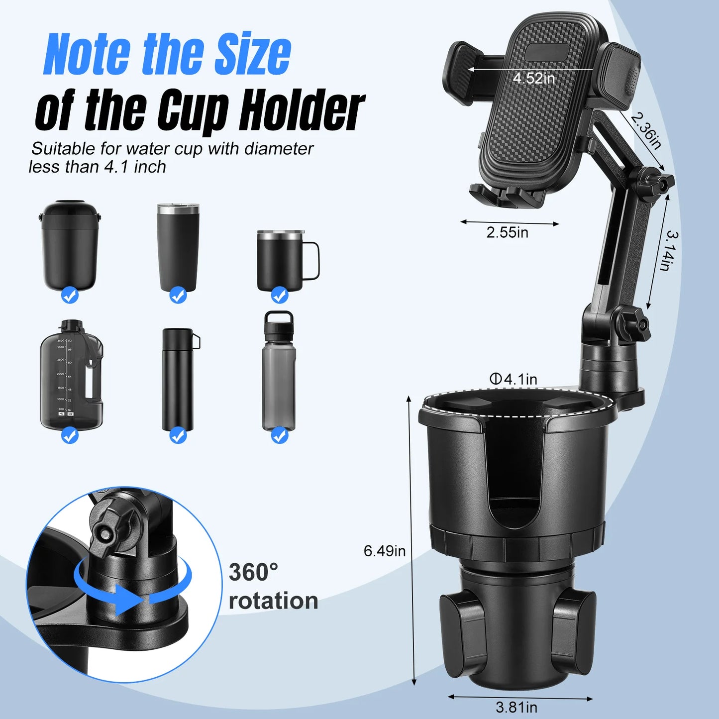 Car Cup Holder Phone Mount 360° Rotatable 2 in 1 Universal Cup Holder For iPhone Samsung Smartphones with Adjustable Base