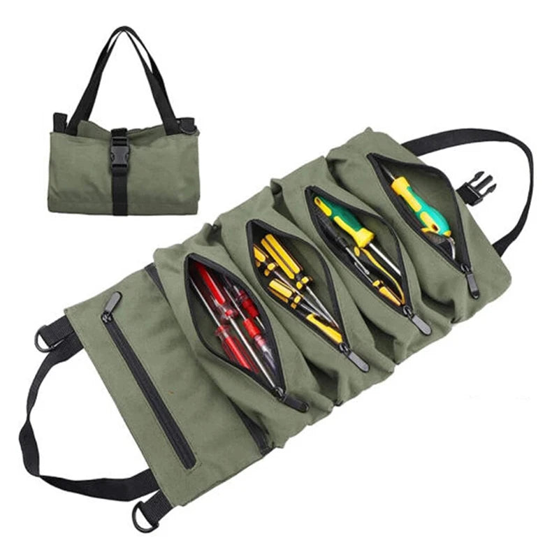 Tool Roll Organizer Heavy-Duty Roll-up Tool Bag Multi-purpose Canvas Tool Pouch Zipper Pockets Portable Storage Wrap Black/Green