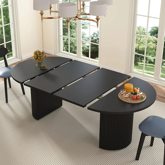 Extendable Round Oval Dining Table with Fluted Base