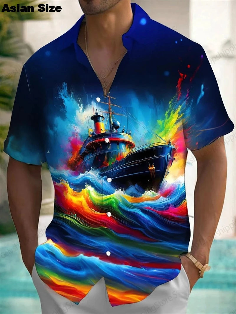 2025 Moon Star Hawaiian Shirt Men Women Fashion Casual Hawaiian Sea Shirts Short Sleeve Button Blouse Festive Holiday Tops
