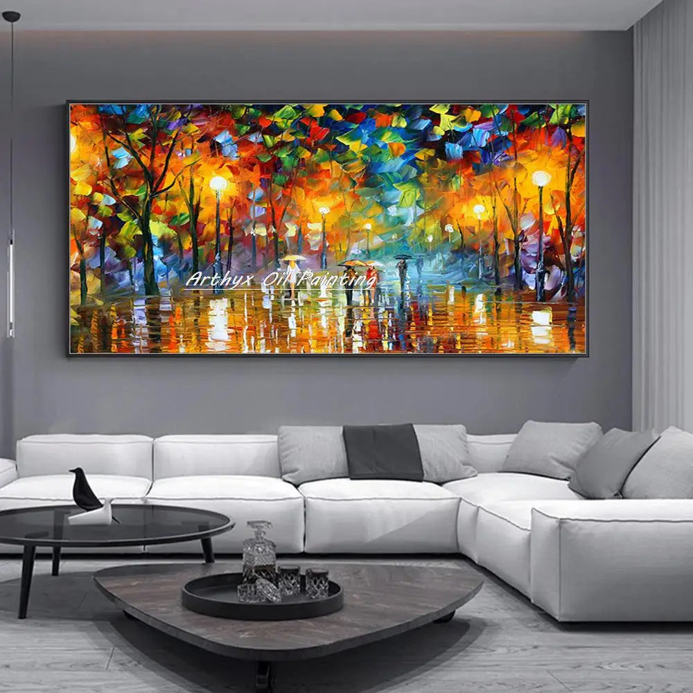 Arthyx,Handpainted Night Knife Oil Painting On Canvas,Wall Art,Modern Abstract Landscape Picture For Living Room Home Decoration