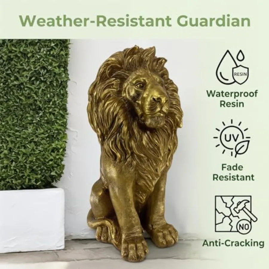 24" Majestic Lion Garden Statue - Regal Guardian Sculpture for Front Entry and Patio, Golden Resin Lion with Weighted Base for