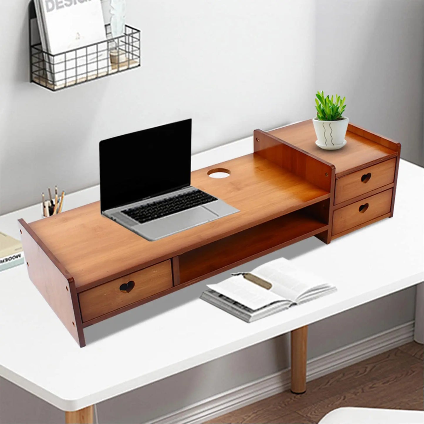 Yiyibyus Monitor Stand Riser 2-Tier Bamboo Wood Computer Monitor Riser Stand Desktop Organizer Stand with Storage Drawer Laptop