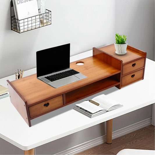 Yiyibyus Monitor Stand Riser 2-Tier Bamboo Wood Computer Monitor Riser Stand Desktop Organizer Stand with Storage Drawer Laptop