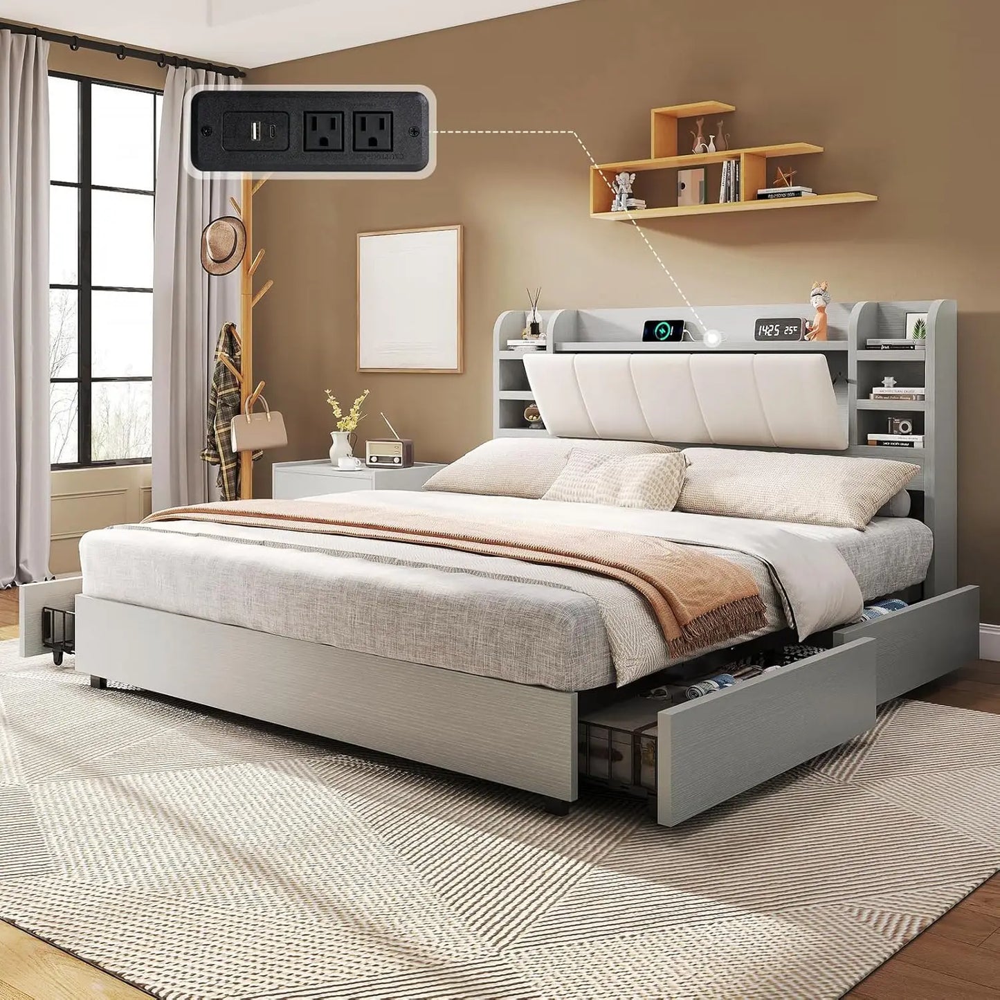 Queen Storage Bed Frame Charging Station Bookcase Headboard Hidden 4 Drawers Upholstered No Box Spring White, Customized