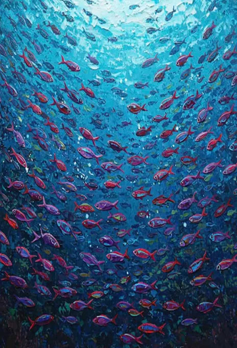 Abstract Large Blue School Of Fish Canvas Painting 3D Texture Underwater World Fish School Art Posters Prints Modern Home Decor