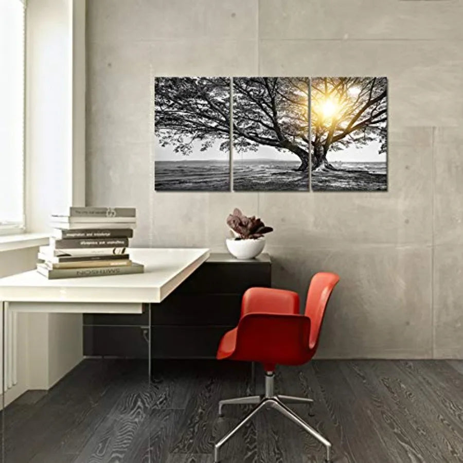 3 Piece Wall Art Black White Tree at Warm Sunrise Landscape Picture Photo Canvas Prints Nature Tree of Life Painting for Home O