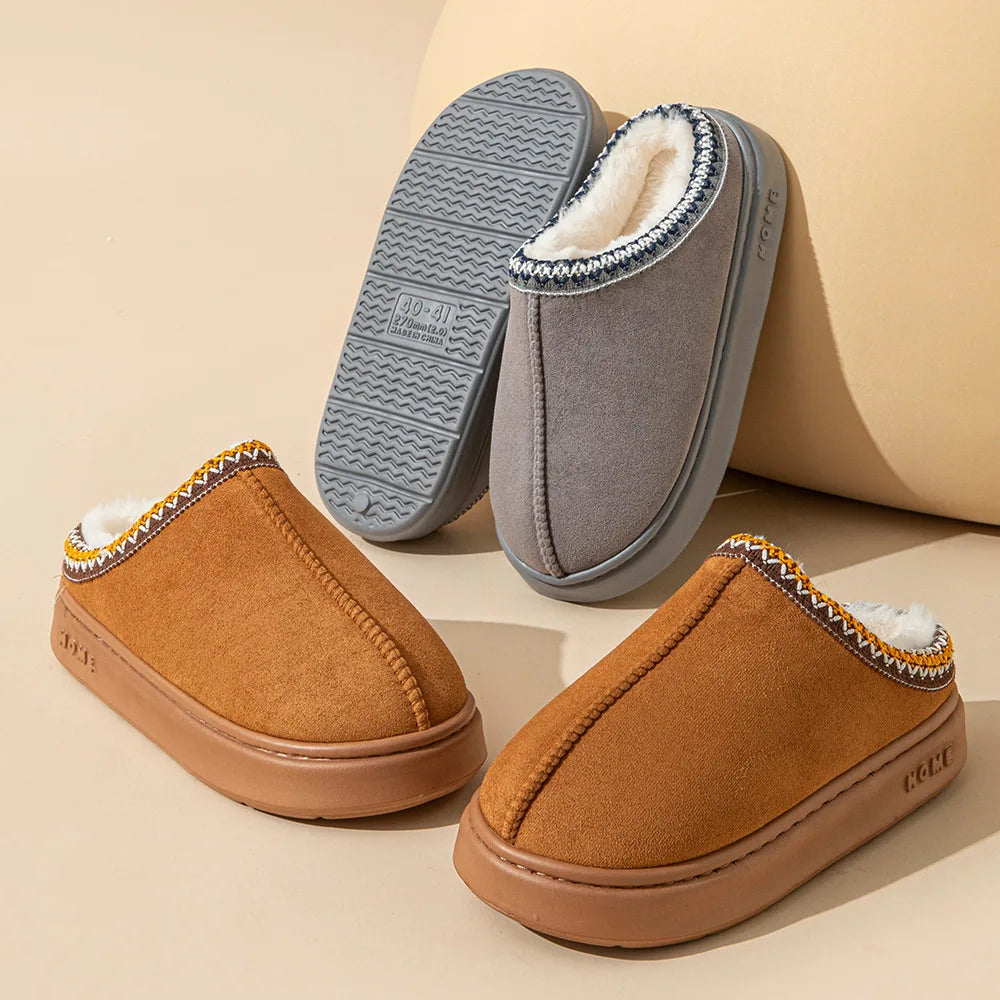 Men's High-End New Solid Color Faux Suede Patchwork Couple's Home Slippers, Thick-Soled, Non-Slip, Lightweight, Warm Cotton Slippers for Women