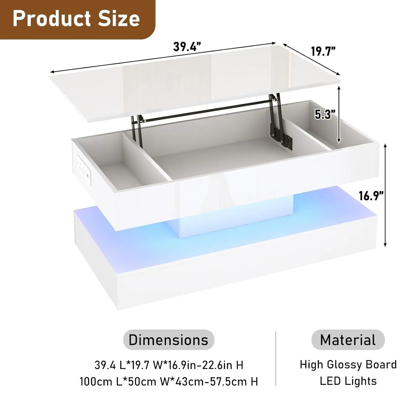 39.4" Large Lift Top Coffee Table,Modern High Glossy LED Coffee Tables for Living Room with Storage,Black Living Room Tables for