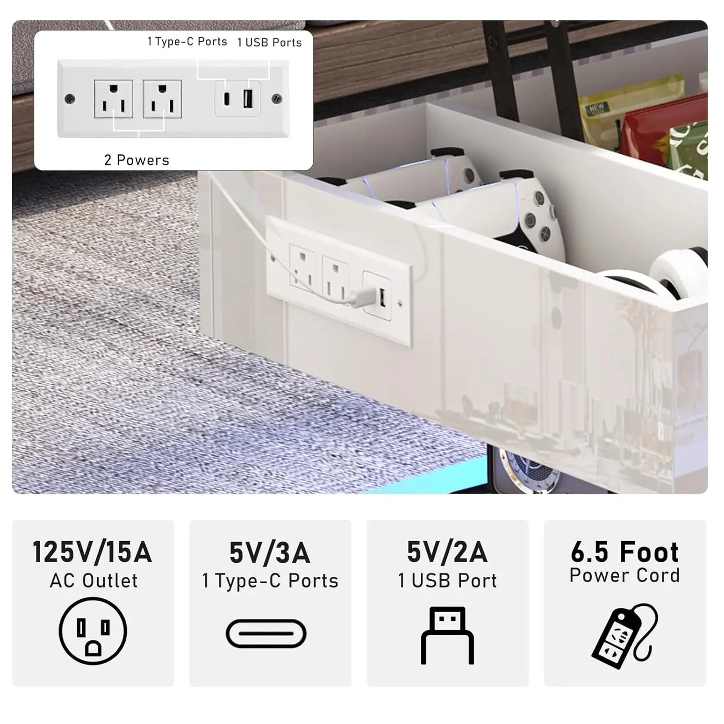 39.4" Large Lift Top Coffee Table,Modern High Glossy LED Coffee Tables for Living Room with Storage,Black Living Room Tables for