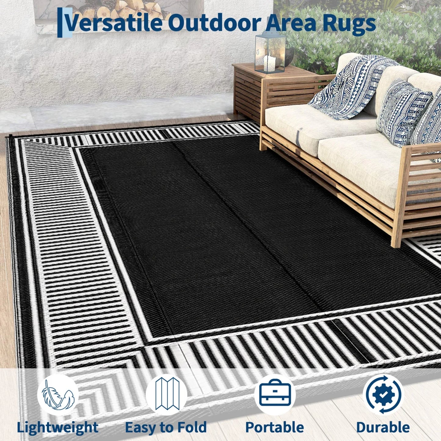 Reversible Outdoor Area Rug- Washable Plastic Geometric Mat  -Portable RV Camping Mat with Carry Bag & Stakes for Patio Porch