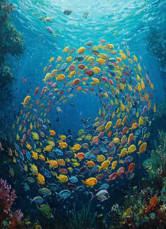 Abstract Large Blue School Of Fish Canvas Painting 3D Texture Underwater World Fish School Art Posters Prints Modern Home Decor