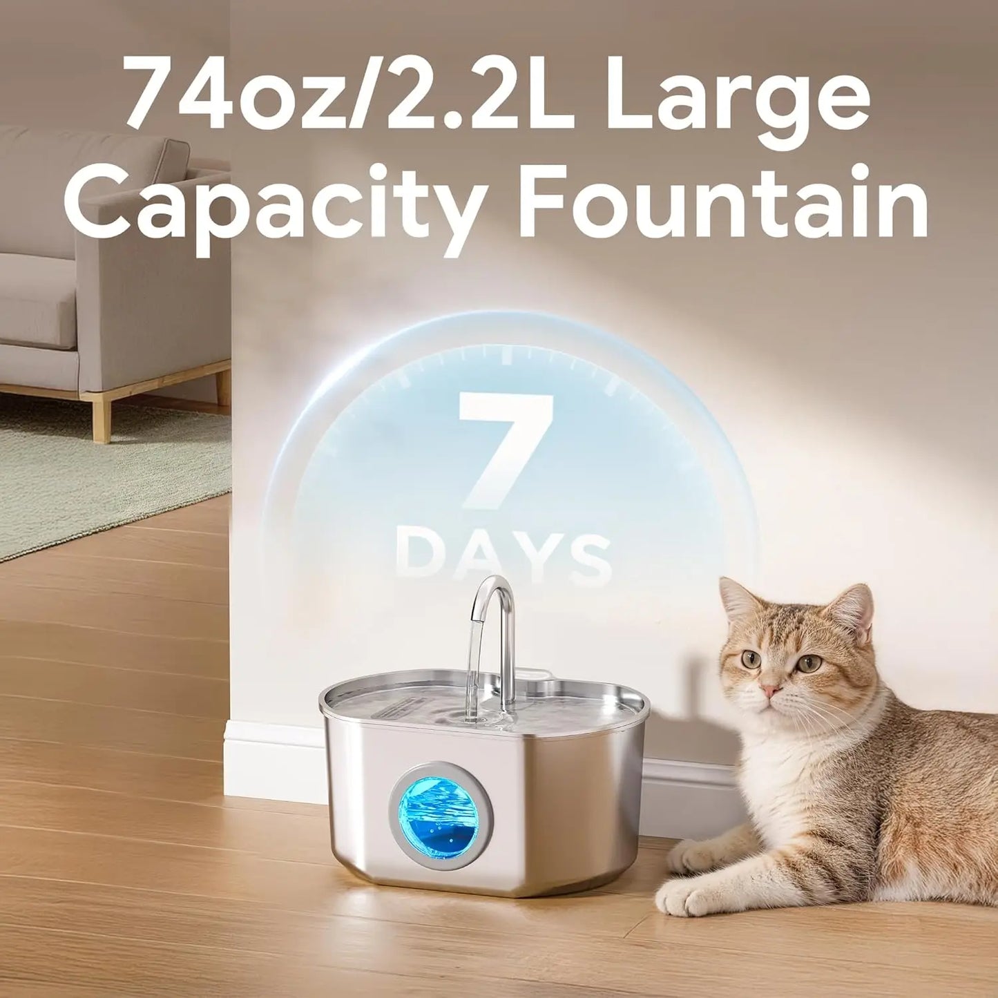 Cat Water Fountain Stainless Steel: 74oz/2.2L Cat Fountain for Drinking | Pet Water Fountain Inside - Automatic Dog Watering Dis