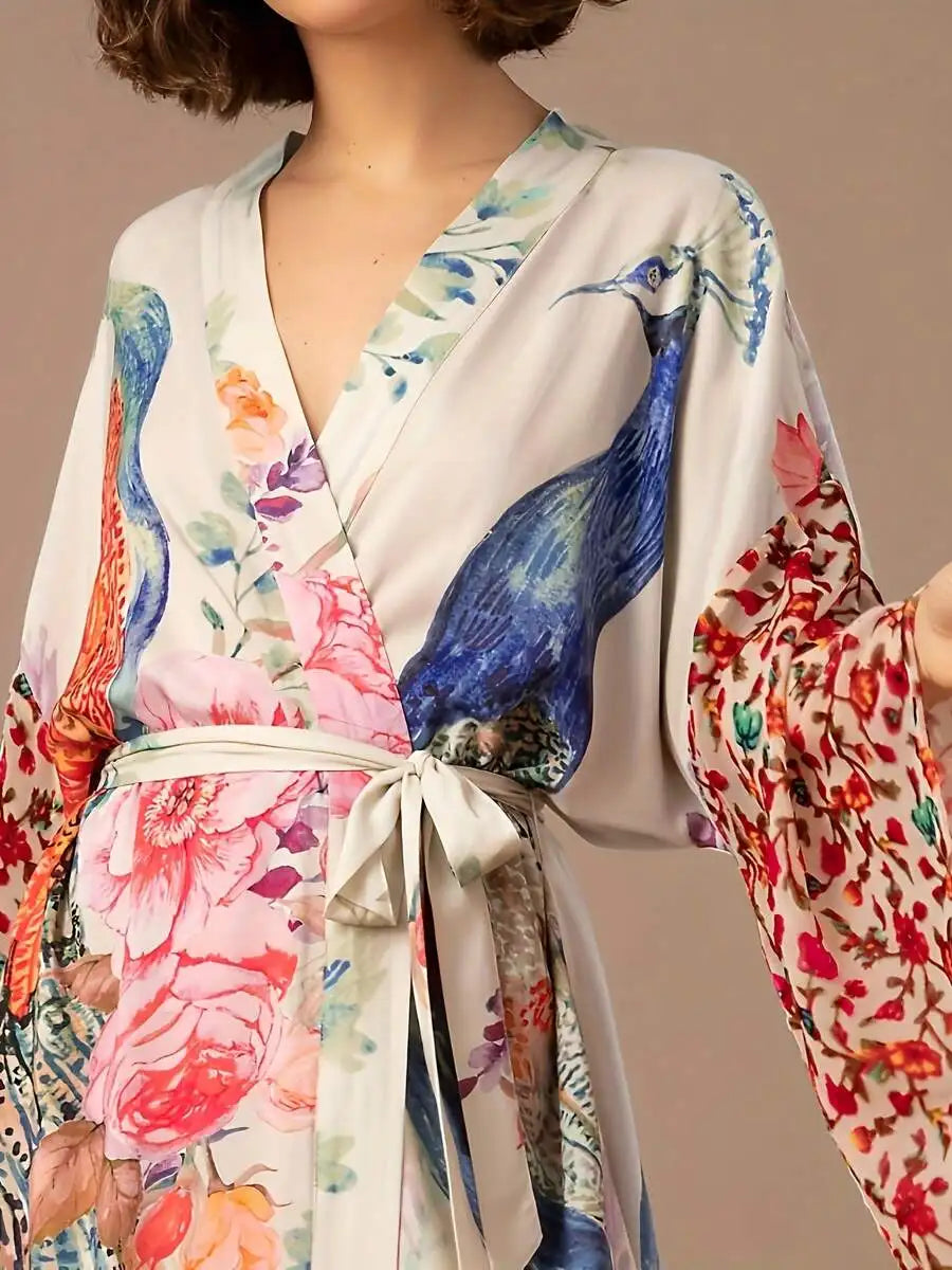 Womens Peacock Floral Print Long Sleeve Open Robe With Waist Belt Homewear