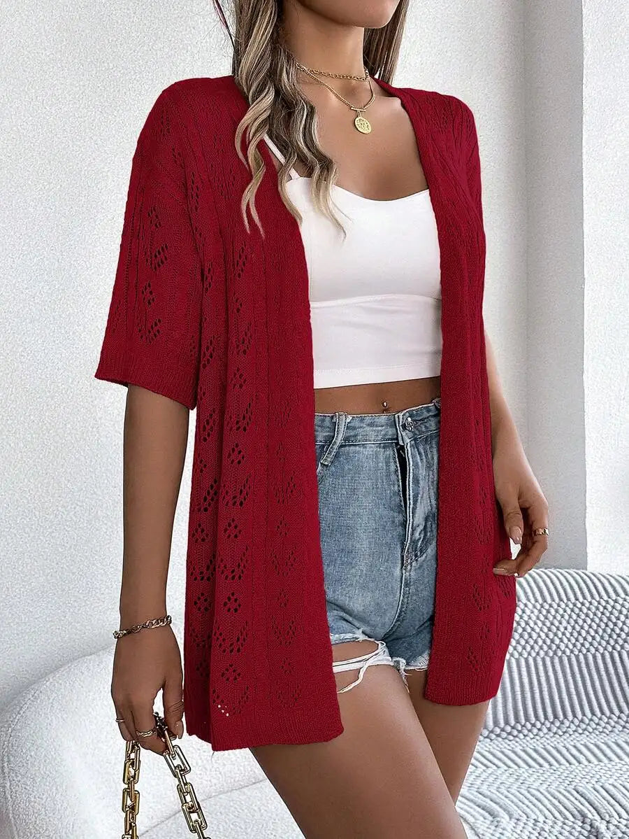 Lightweight Solid Color Hollow Out Knit Cardigan For Women Casual Spring Summer