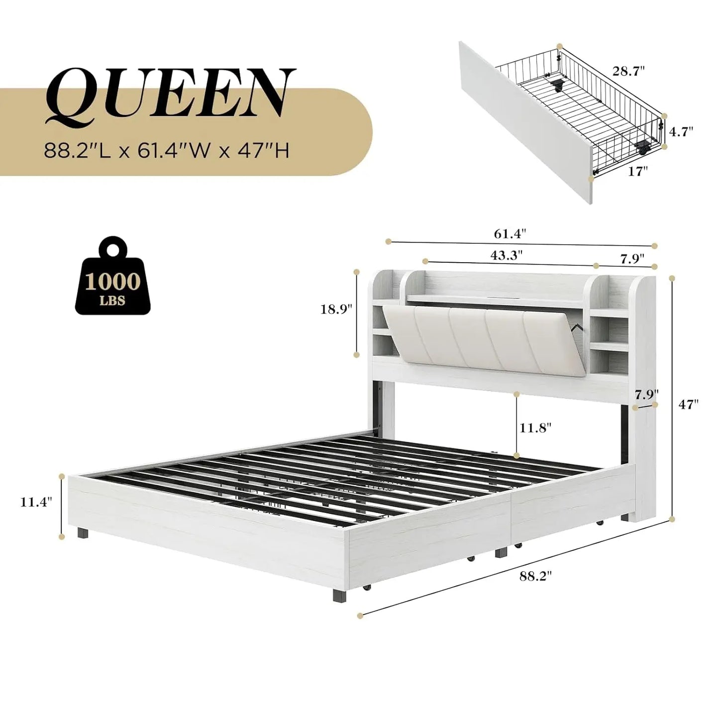 Queen Storage Bed Frame Charging Station Bookcase Headboard Hidden 4 Drawers Upholstered No Box Spring White, Customized