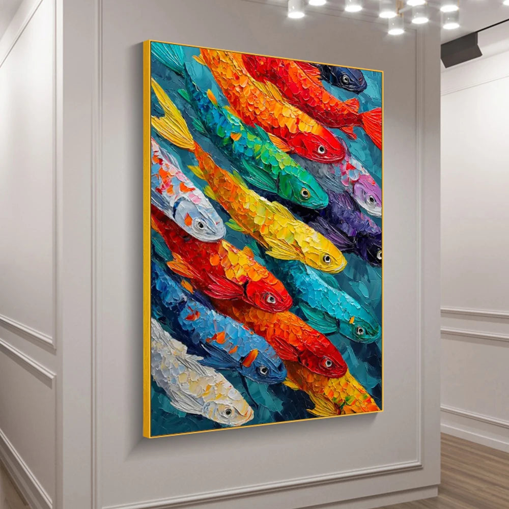 Abstract Large Blue School Of Fish Canvas Painting 3D Texture Underwater World Fish School Art Posters Prints Modern Home Decor