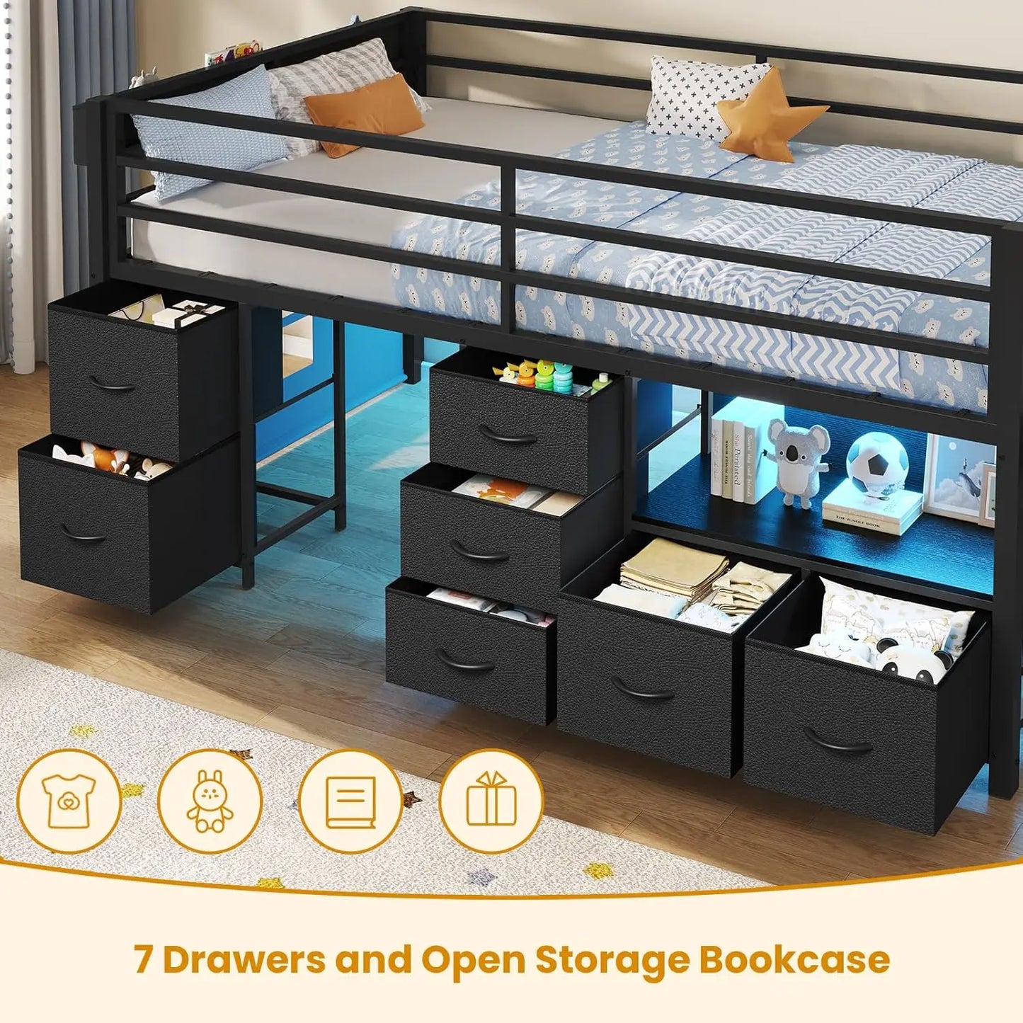 Low Loft Bed Twin Size with 7 Storage Drawers, Bookcase and LED Lights, Metal Kids Loft Bed with 14" H Safety Guardrail,Inclined