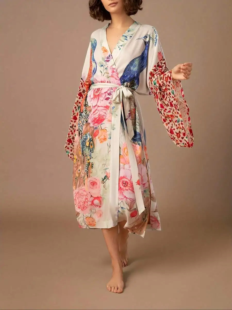 Womens Peacock Floral Print Long Sleeve Open Robe With Waist Belt Homewear