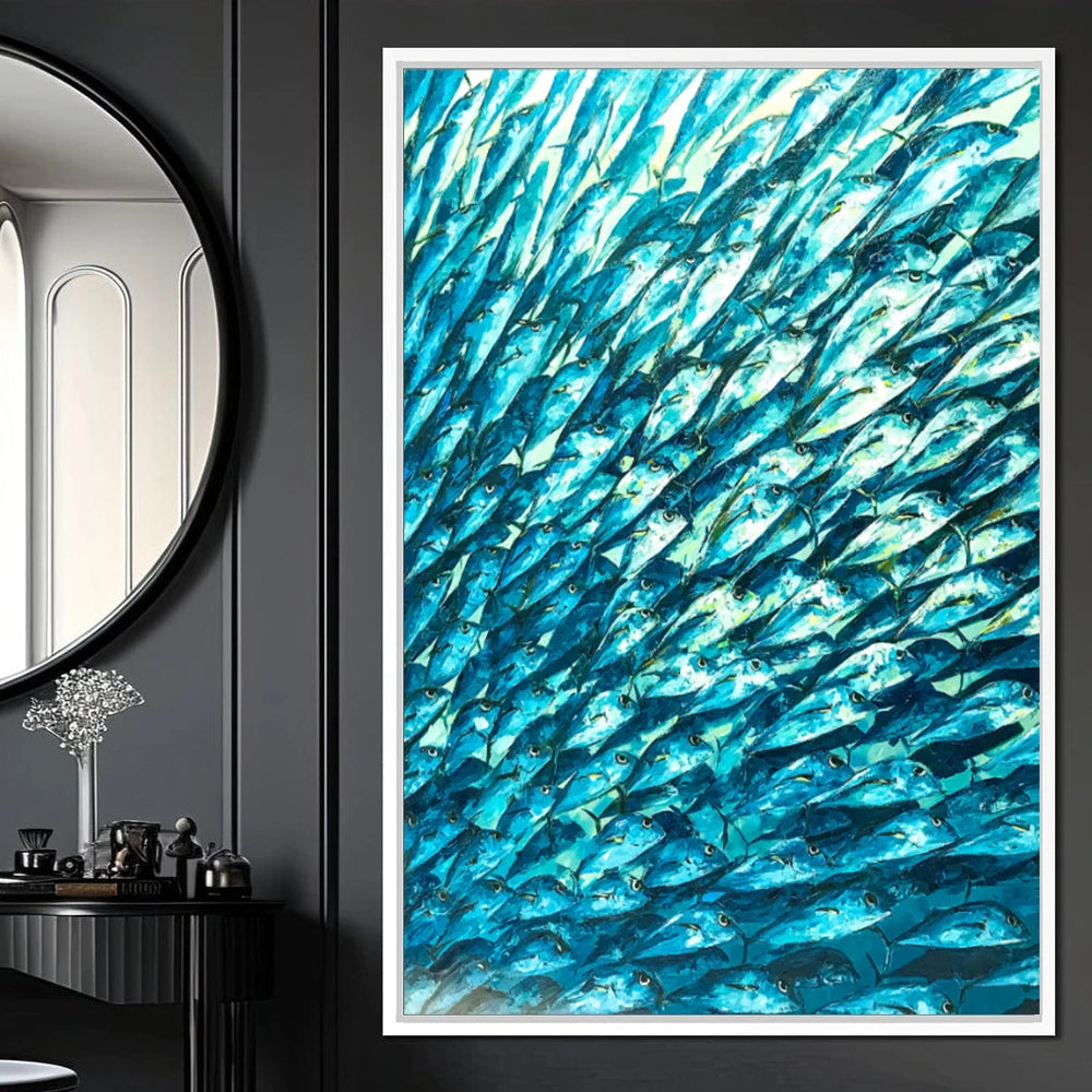 Abstract Large Blue School Of Fish Canvas Painting 3D Texture Underwater World Fish School Art Posters Prints Modern Home Decor
