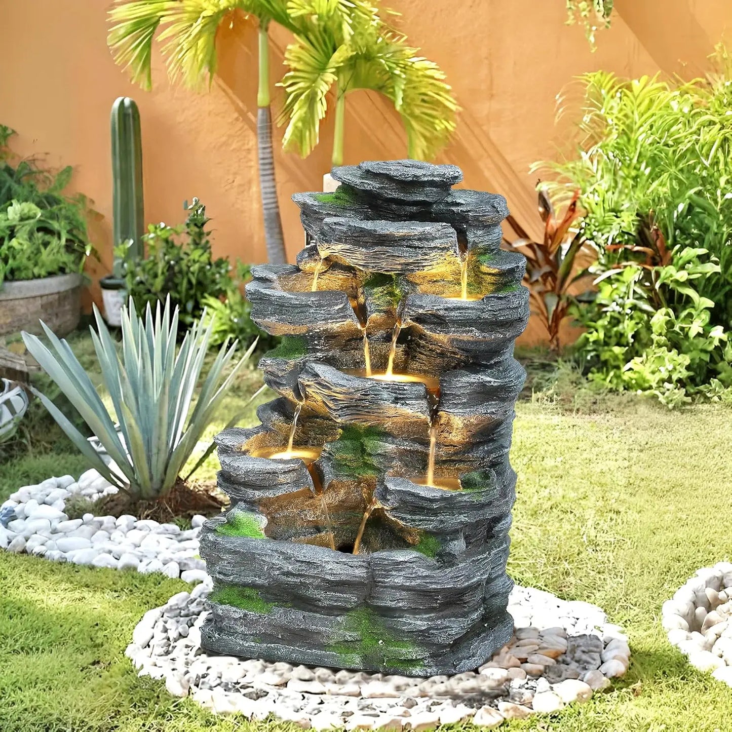 Garden Fountains Outdoor, 7-Tiers Cascading Rock Water Fountain, 24.4" H Waterfall Fountain Indoor with 6 LED Lights, Custom